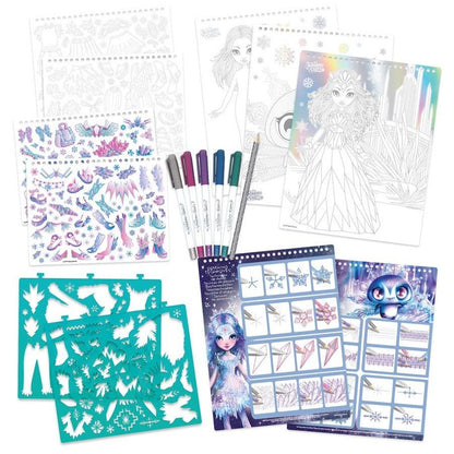 Creative sketchbook kit with character sticker sheets, stencils, and colored gel pens