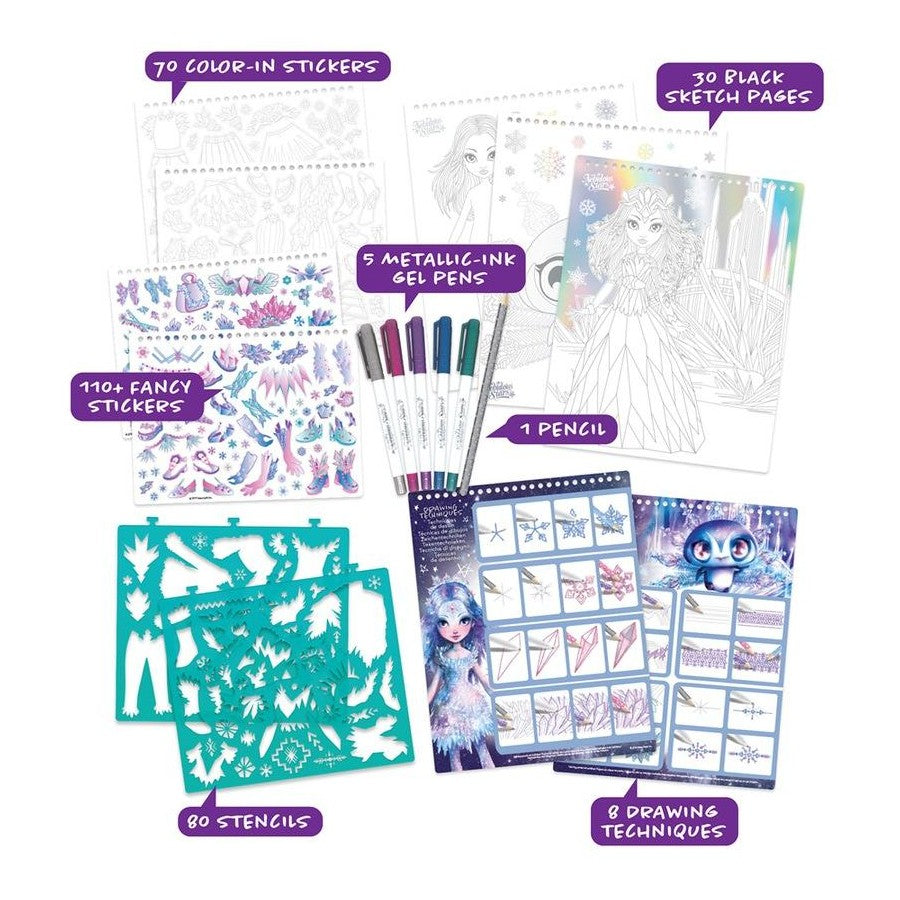 Creative sketchbook kit layout: stencil pages, gel pens, pencil, and sticker sheets