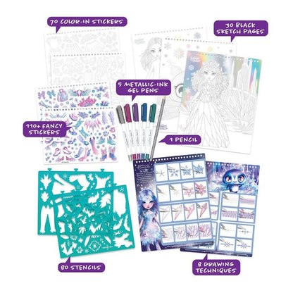 Creative sketchbook kit layout: stencil pages, gel pens, pencil, and sticker sheets