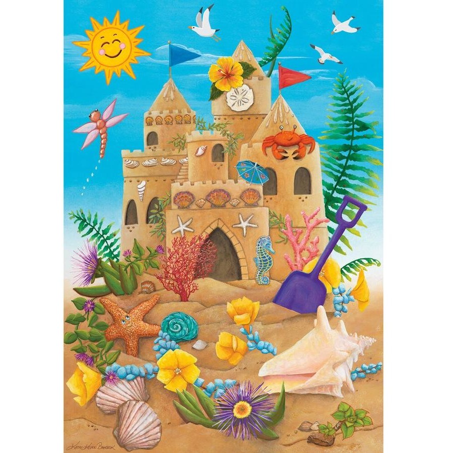 35-piece jigsaw puzzle showing sandcastle scene with sun, seashells, and sea life