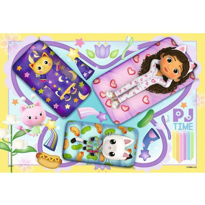 Jigsaw puzzle artwork with girl, cat, and heart pajamas in a purple bed layout