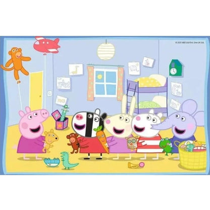 Peppa Pig and family jigsaw puzzle artwork with house, animals, and toys