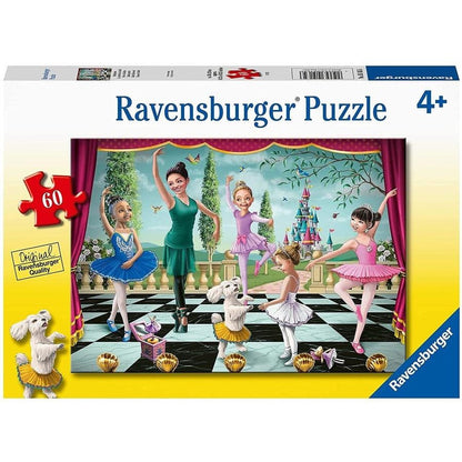 60-piece ballet jigsaw puzzle box with dancing girls, castle, and white dog
