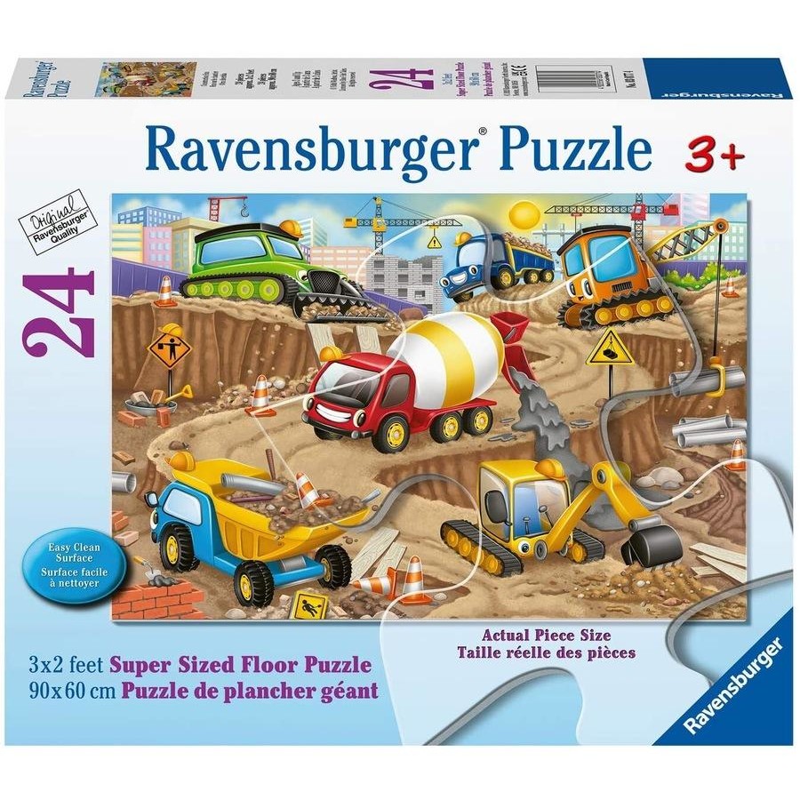 Construction floor puzzle box with trucks, excavator, crane and 24-piece design