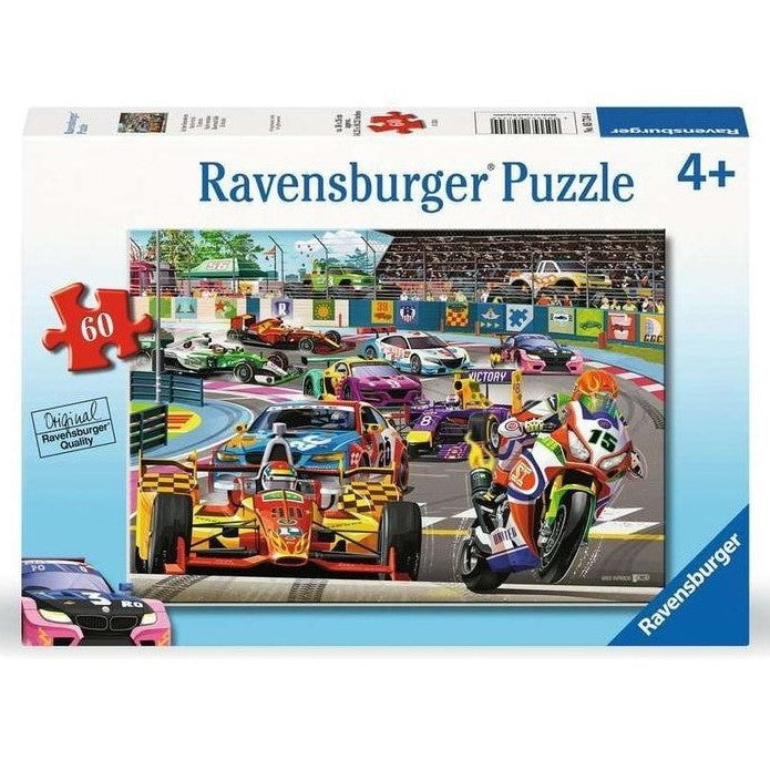 Racetrack rally jigsaw puzzle box with racing cars and 60-piece count