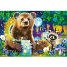 2x24 jigsaw puzzle scene with brown bear, animal friends, flowers and stars