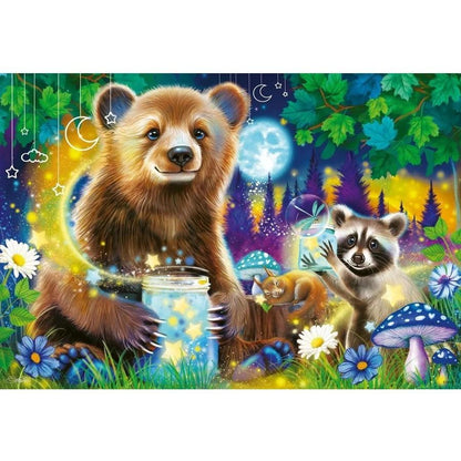 2x24 jigsaw puzzle scene with brown bear, animal friends, flowers and stars