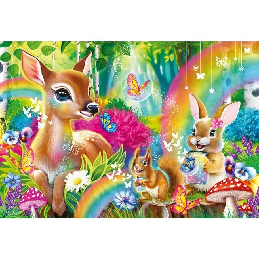 Jigsaw puzzle artwork with fox and rabbits in a rainbow forest with butterflies