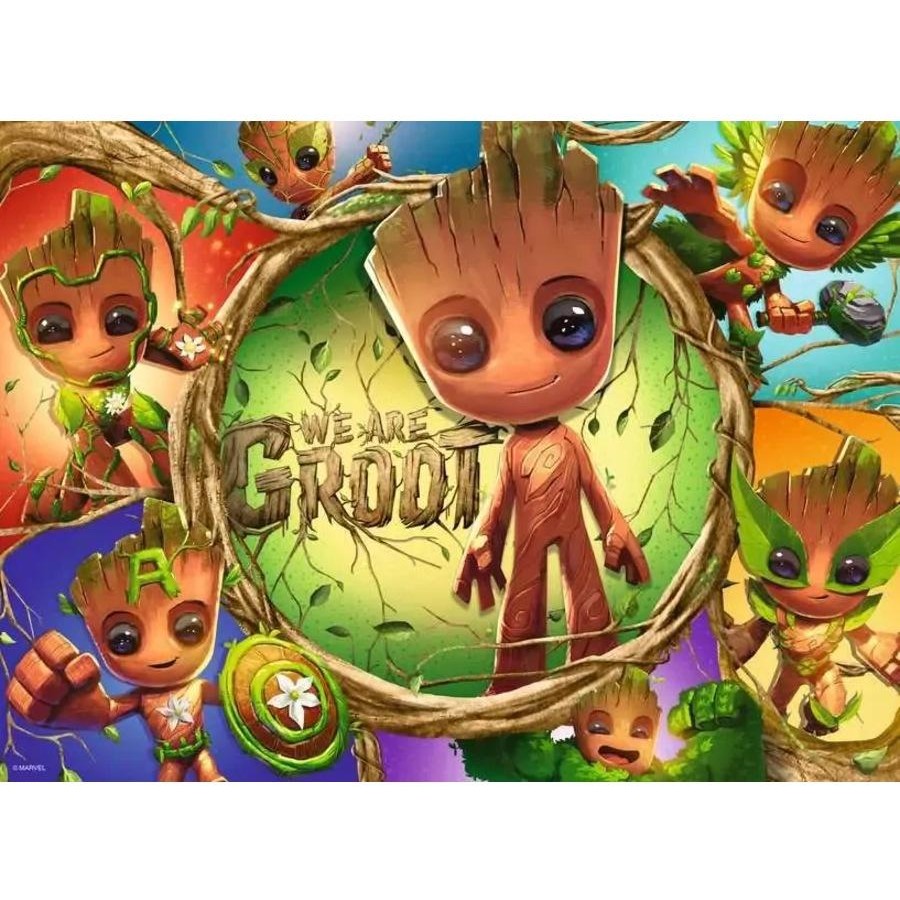 Marvel Groot jigsaw puzzle artwork with central Groot face and side characters in circle