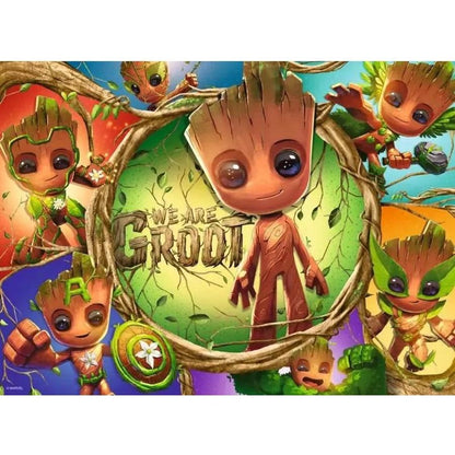Marvel Groot jigsaw puzzle artwork with central Groot face and side characters in circle