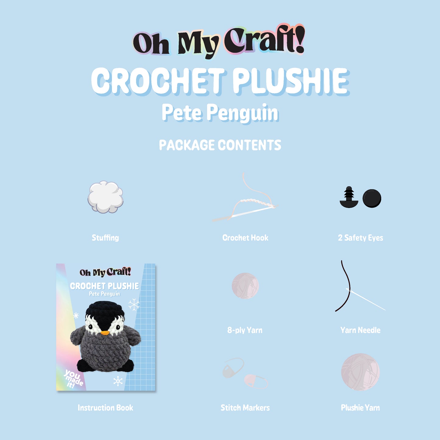 Light Gray Oh My Craft Midi Crochet Plushie - Pete Penguin Crochet