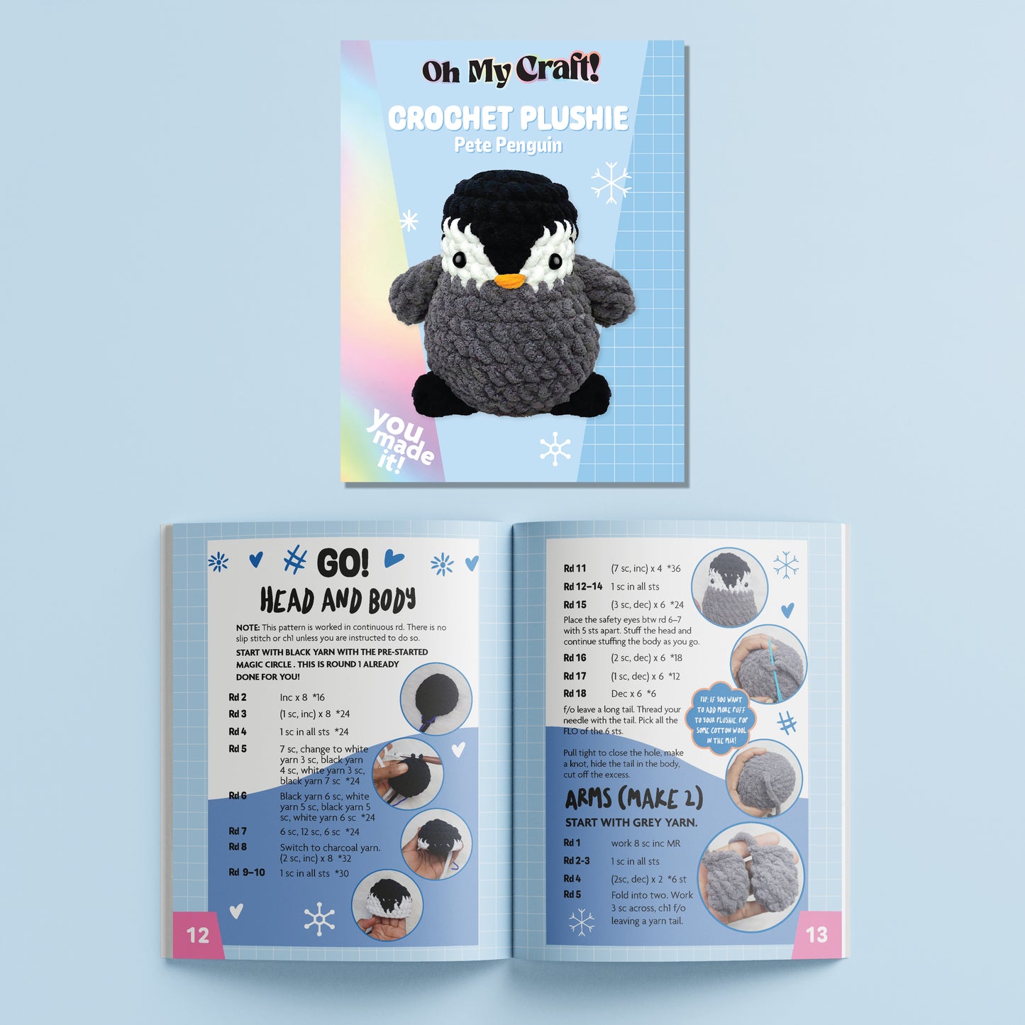 Light Gray Oh My Craft Midi Crochet Plushie - Pete Penguin Crochet