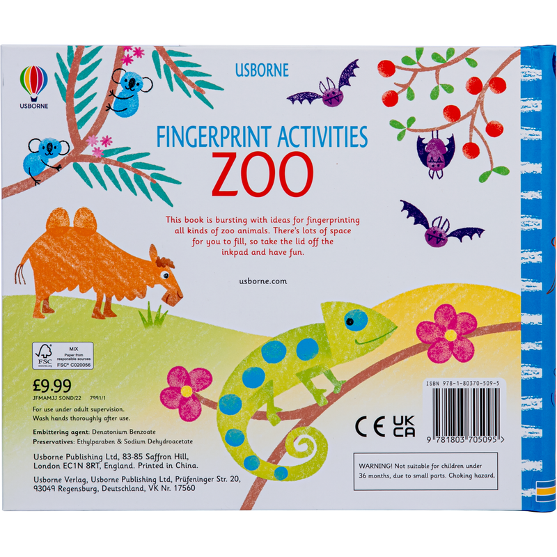 Light Gray Usborne Fingerprinting Activity Book with Colourful Ink Pads – Zoo Animals Kids Activities