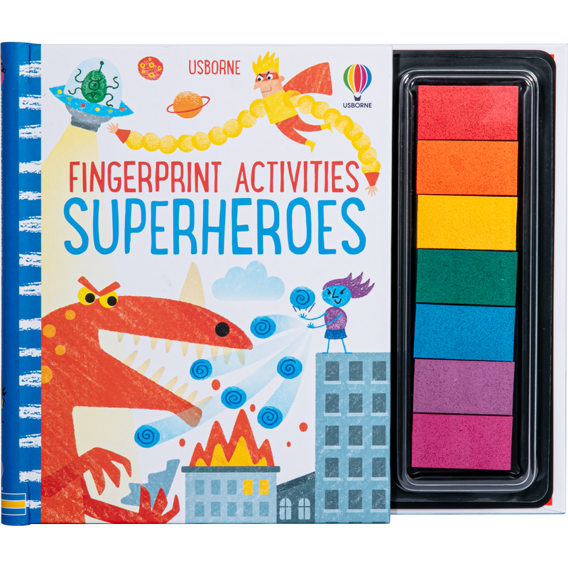 Light Gray Usborne Fingerprinting Activity Book with Colourful Ink Pads – Superheroes Kids Activities