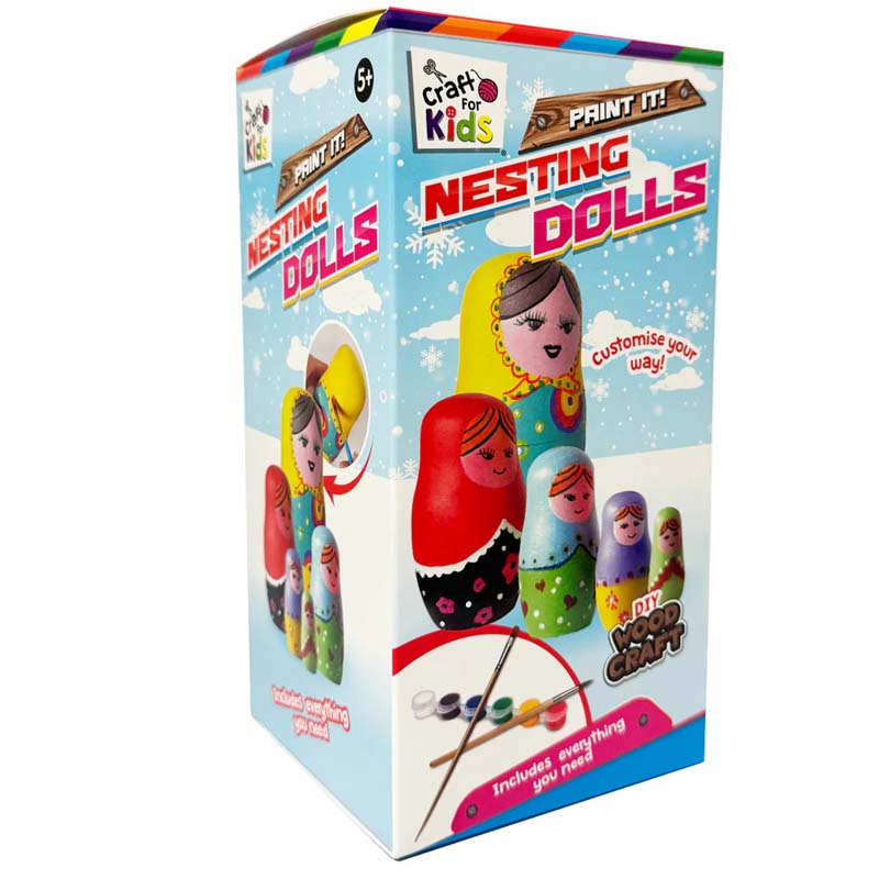 Kids wooden nesting doll paint-your-own craft kit in a colorful retail box