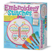 Embroidery stitch craft kit box with butterfly pattern, thread skeins, and tools