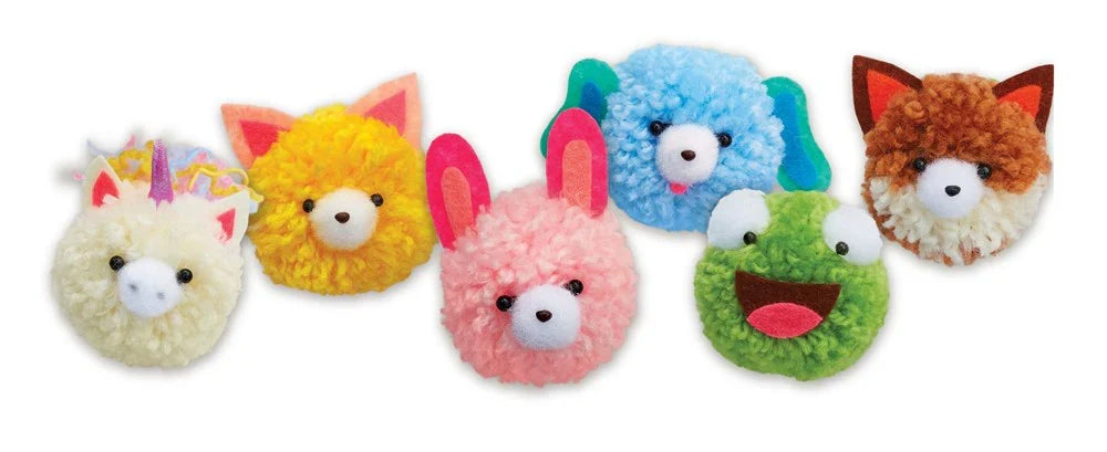 Set of six colorful pom pom animal pets with fluffy faces and ears