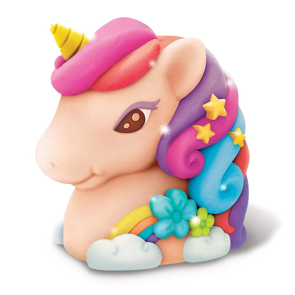 Colorful unicorn bank figurine with stars and flower accents