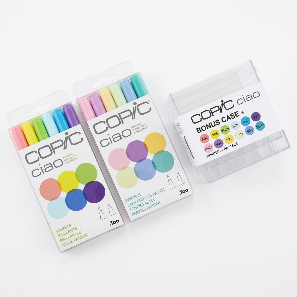 Lavender Copic Ciao set of 6 Brights and 6 Pastels + Bonus Acrylic Case Pens & Markers