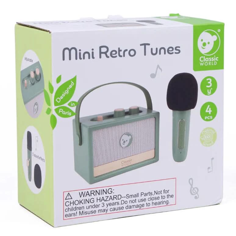 Mini retro tunes toy box packaging with green handheld microphone