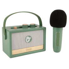 Green mini retro radio toy with speaker screen and matching handheld microphone