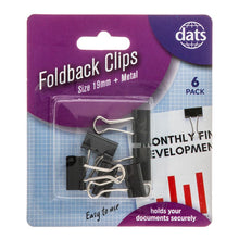 Dats Foldback Binder Clips, Black 19mm, 6pk