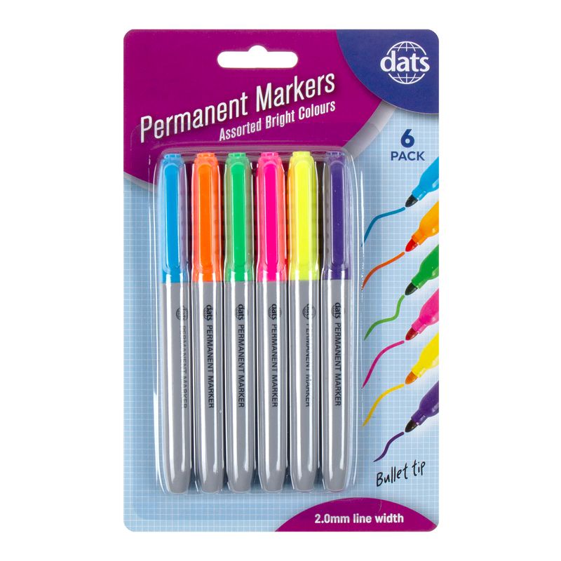 Dats Permanent Markers, Bright Colours, 6pk