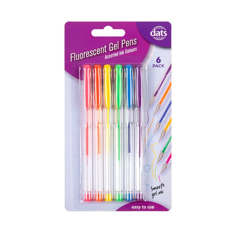Dats Gel Pens, Fluoro Colours, 6pk