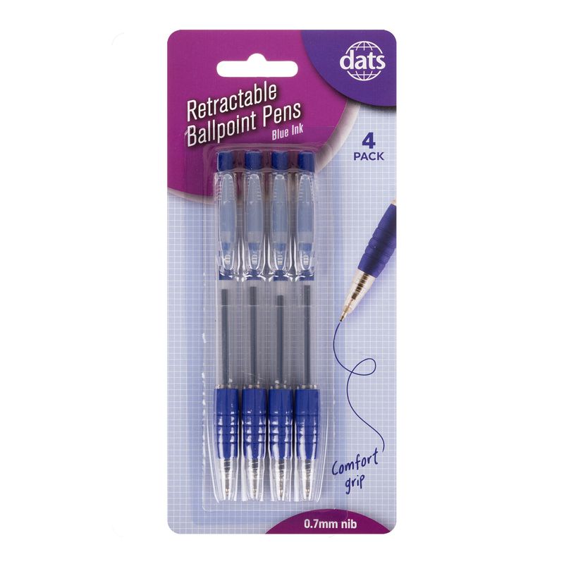 Dats Retractable Ballpoint Pen, Blue, 4pk