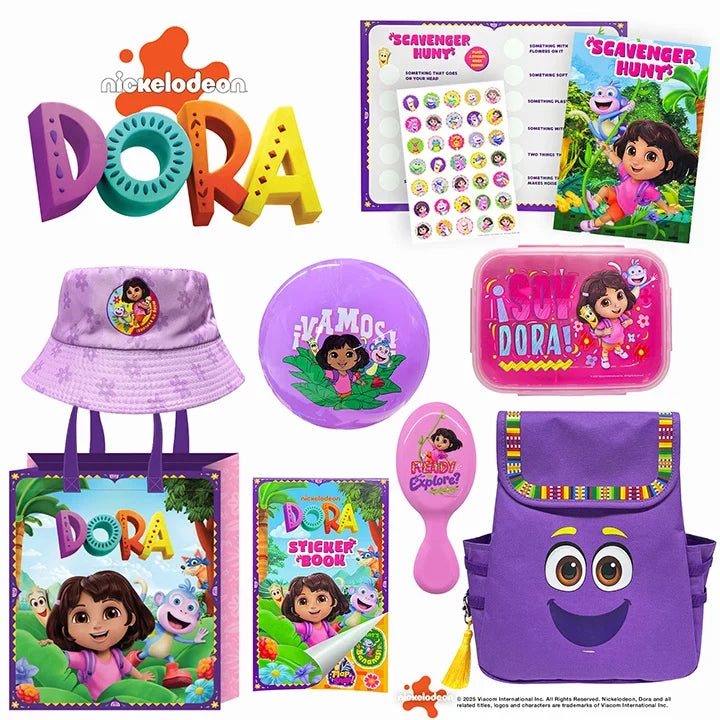 Dora showbag with purple bucket hat, pouch, sticker book, and accessories set