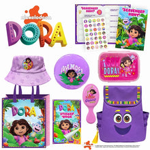 Dora showbag with purple bucket hat, pouch, sticker book, and accessories set