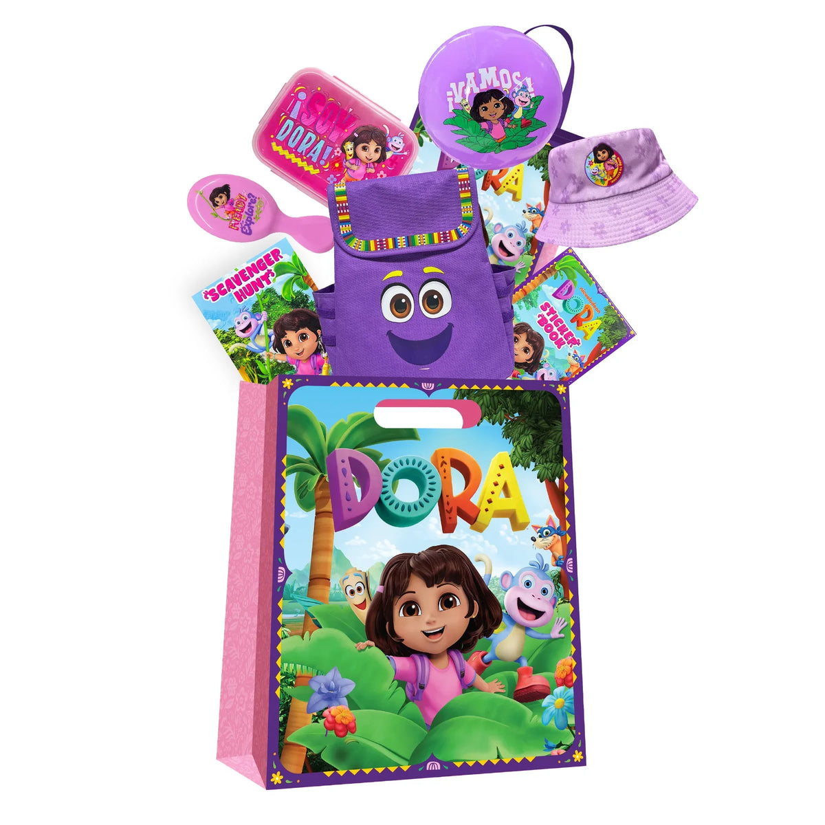 Purple Dora showbag gift bag with handle and Dora character artwork