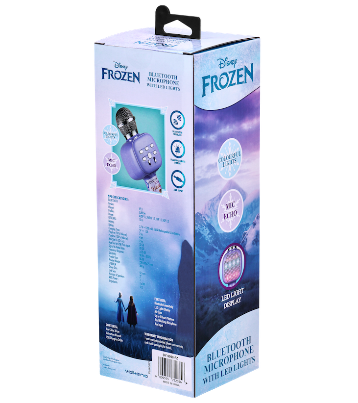 Frozen Bluetooth karaoke microphone retail box with LED light feature icons