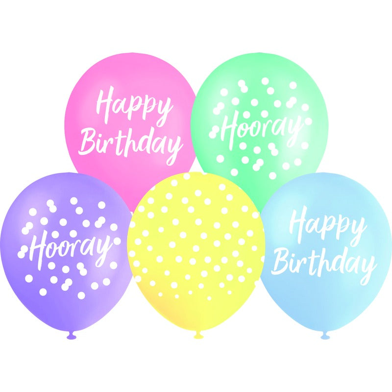 White Smoke Balloon Printed Latex 30cm 10 Pack - Happy Birthday Pastels Balloons