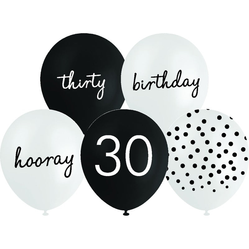 White Smoke Balloon Printed Latex 30cm 10 Pack - 30th Assorted Balloons