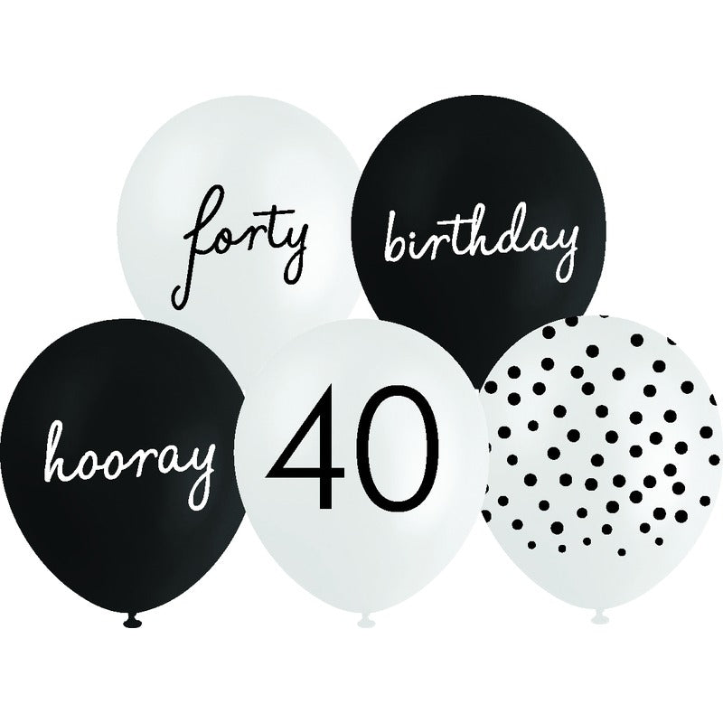 White Smoke Balloon Printed Latex 30cm 10 Pack - 40th Assorted Balloons