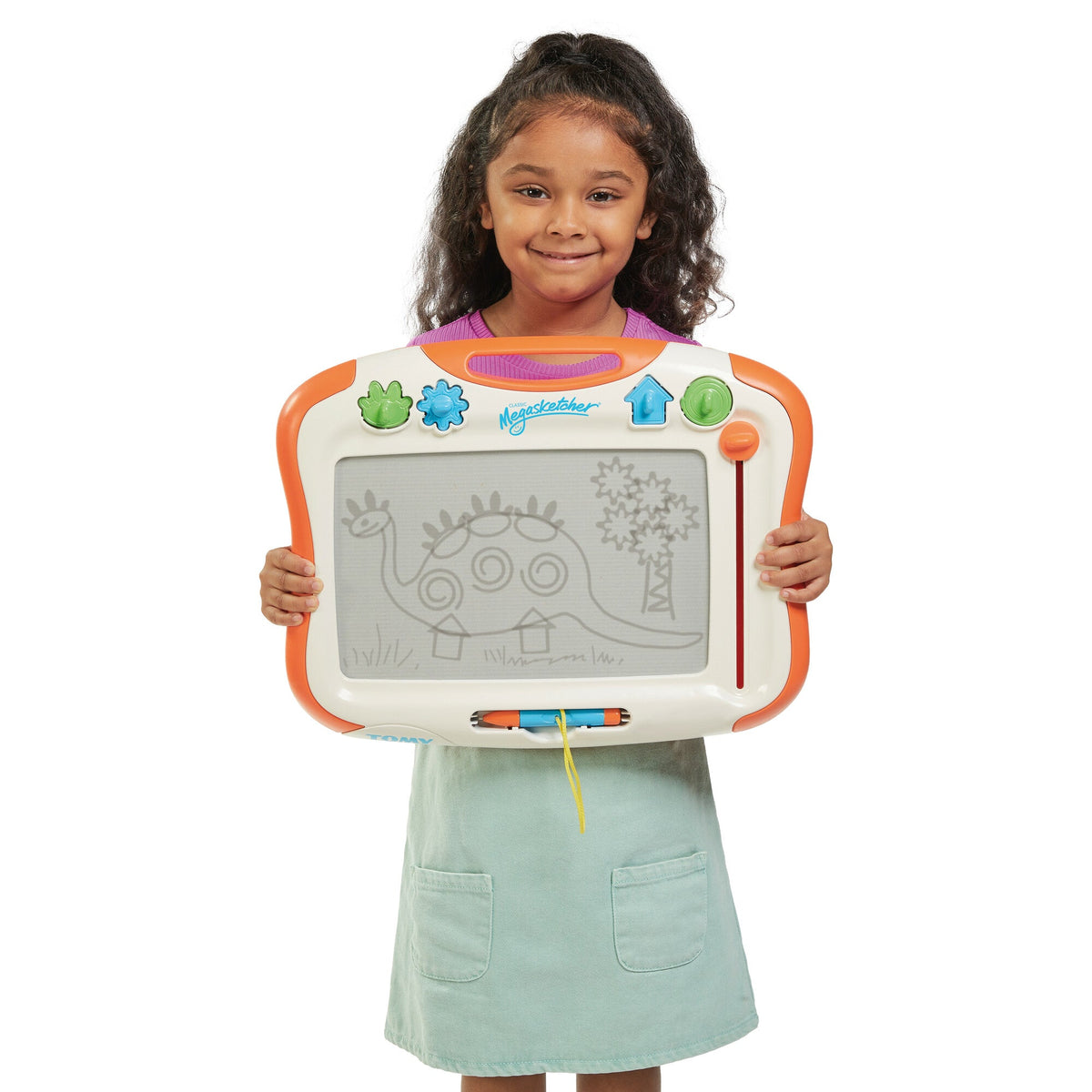 Child holding an orange-framed magic sketch board with stylus and colored buttons