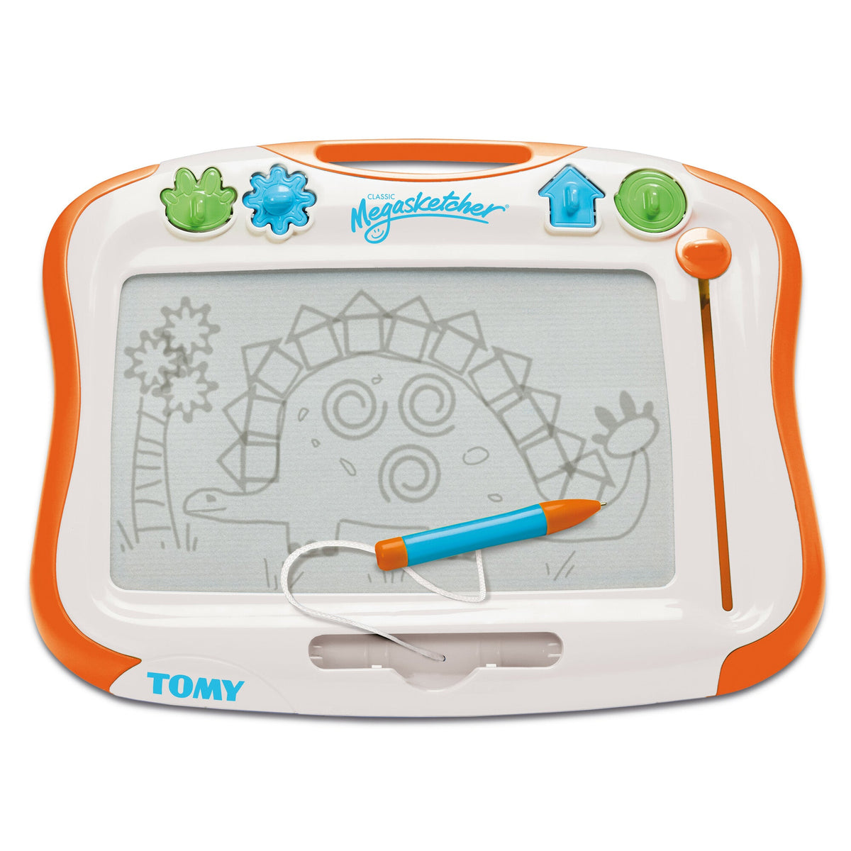 Orange and white sketch board with light gray drawing screen and orange stylus