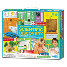 Environmental science educational activity kit in colorful STEM-themed box, handle on top