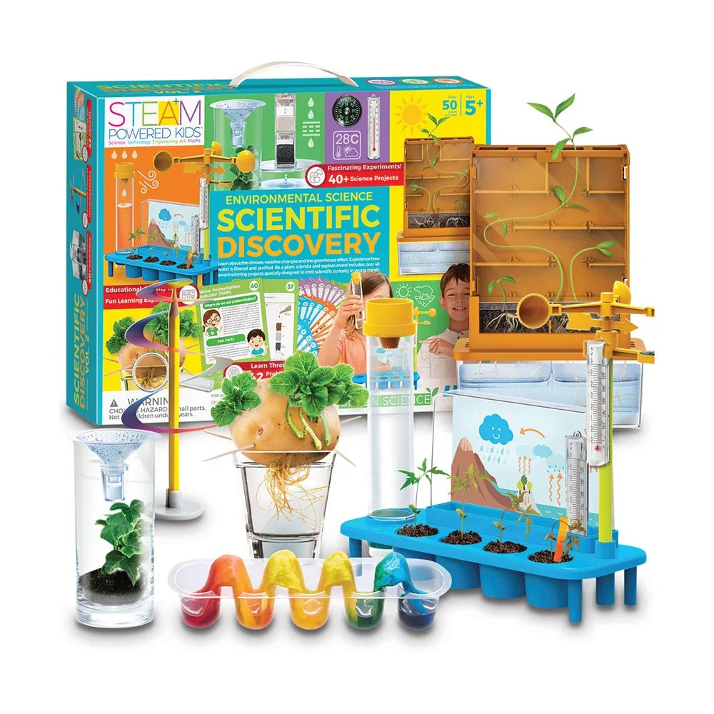 Environmental science scientific discovery kit box with included parts and small plants