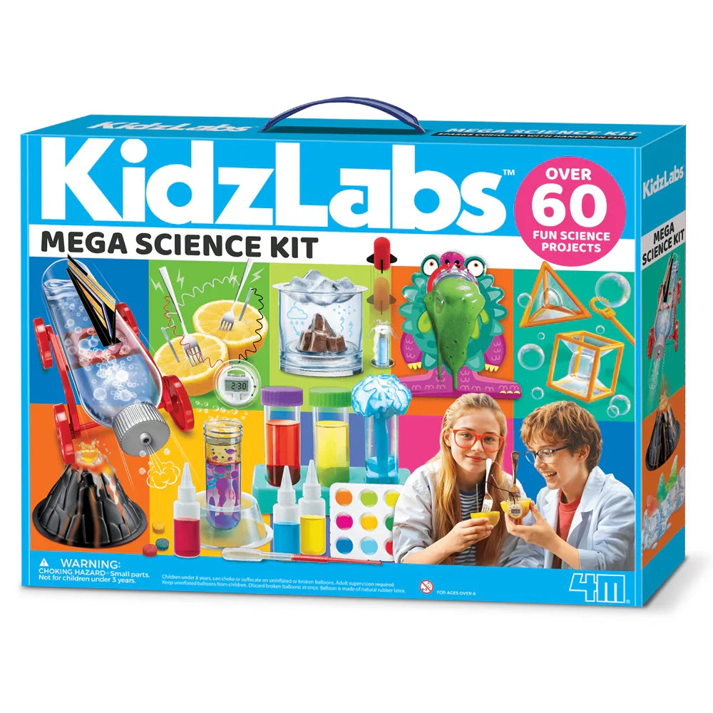 Science kit box with blue packaging and colorful science project illustrations