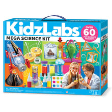 Science kit box with blue packaging and colorful science project illustrations