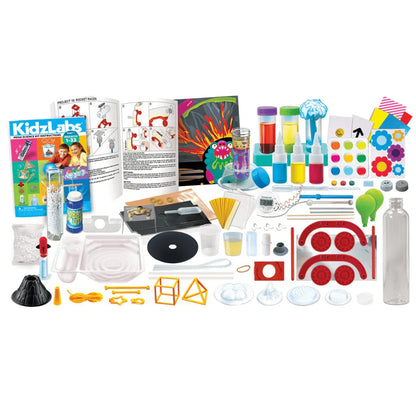 Science kit contents set with tubes, tools, cards, and plastic components