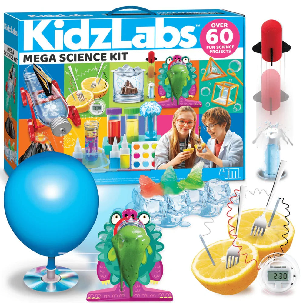 Science kit box with large blue and clear inflatable items and included tools