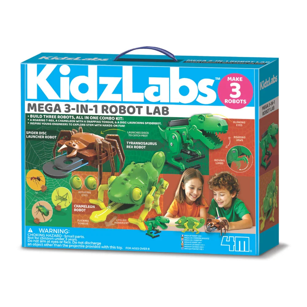 3-in-1 robot lab kit box with green dinosaur robot parts