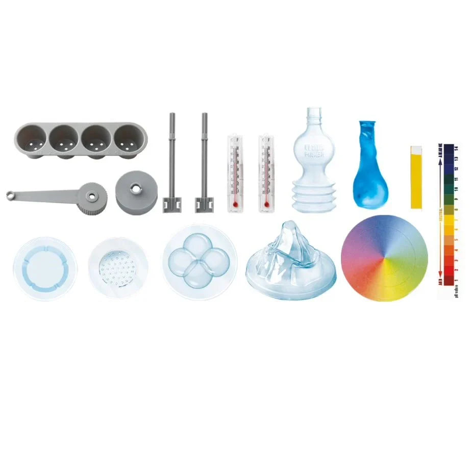 Weather science mini observatory kit parts: thermometers, bulbs, molds, test pieces