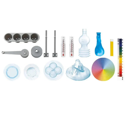 Weather science mini observatory kit parts: thermometers, bulbs, molds, test pieces