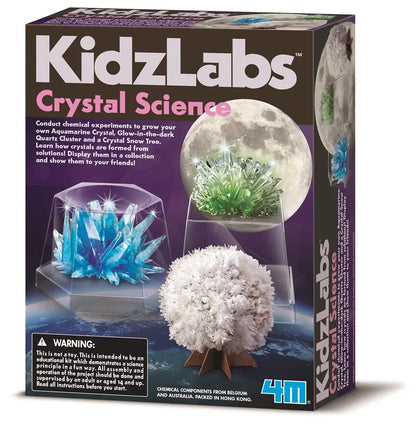 Crystal science kit box with three crystal sample displays