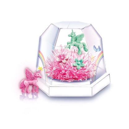Unicorn crystal terrarium with green unicorn figurine and pink crystal base