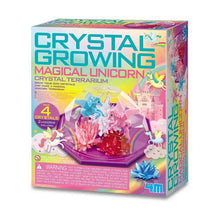 Unicorn crystal growing terrarium kit box with colorful crystals and unicorn graphics